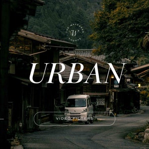 May include: A white van drives down a narrow street lined with traditional Japanese buildings. The text "URBAN" is displayed in white letters against a dark background. The text "VIDEO FILTERS" is displayed in white letters against a gray background.