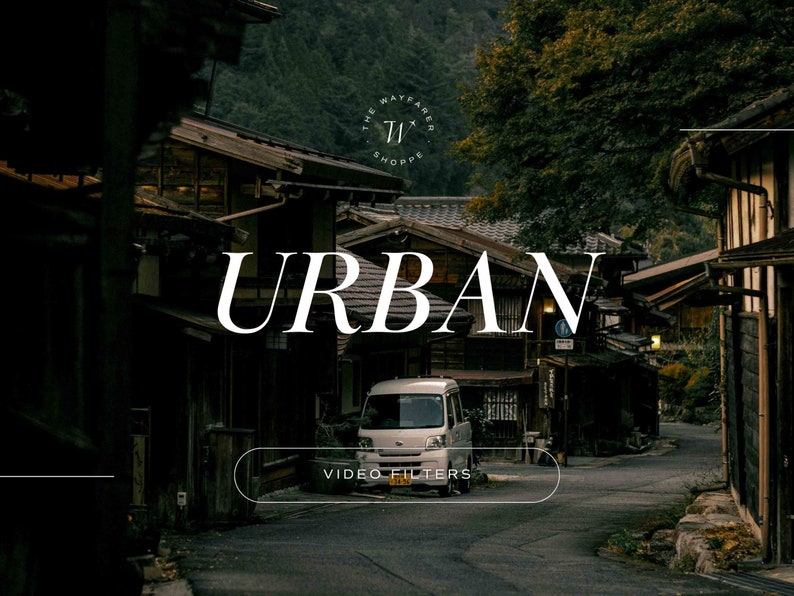 May include: A white van drives down a narrow street lined with traditional Japanese buildings. The text "URBAN" is displayed in white letters against a dark background. The text "VIDEO FILTERS" is displayed in white letters against a gray background.