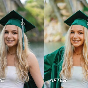 May include: A young person with long blonde hair smiles, wearing a green graduation cap with a tassel and the year "20" on it. They are also wearing a green graduation gown. The image is split, with "BEFORE" and "AFTER" text.
