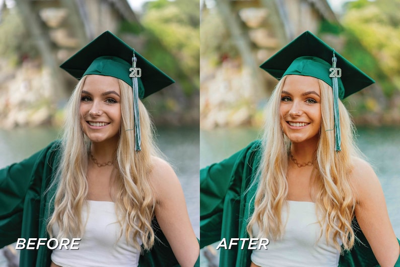 May include: A young person with long blonde hair smiles, wearing a green graduation cap with a tassel and the year "20" on it. They are also wearing a green graduation gown. The image is split, with "BEFORE" and "AFTER" text.