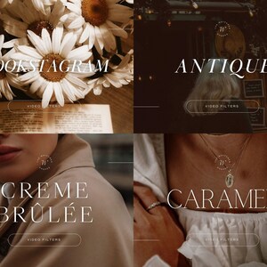 May include: Four Instagram-style graphic designs with the text "BOOKSTAGRAM", "ANTIQUE", "CREME BR&Ucirc;L&Eacute;E", and "CARAMEL" in a white sans-serif font. Each design features a white circle with the text "The Well-Read Wander" in a smaller font. Each design also includes the text "VIDEO FILTERS" in a white rectangle.