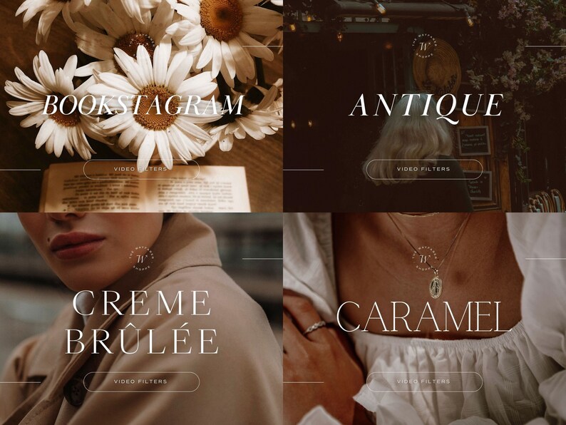 May include: Four Instagram-style graphic designs with the text "BOOKSTAGRAM", "ANTIQUE", "CREME BR&Ucirc;L&Eacute;E", and "CARAMEL" in a white sans-serif font. Each design features a white circle with the text "The Well-Read Wander" in a smaller font. Each design also includes the text "VIDEO FILTERS" in a white rectangle.