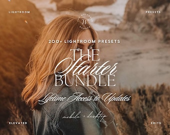 May include: A digital product advertisement for 200+ Lightroom Presets titled The Starter Bundle. The text includes Lifetime Access to Updates and mobile + desktop. The background features a person with blonde hair wearing a dark denim jacket.