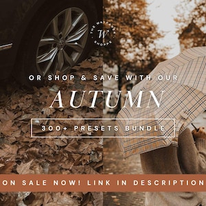May include: A split-screen image featuring a car wheel over brown fallen leaves on the left and a person holding a beige and black plaid umbrella on the right. Text overlays include THE WAYFARER SHOPPE, OR SHOP & SAVE WITH OUR AUTUMN 300+ PRESETS BUNDLE.