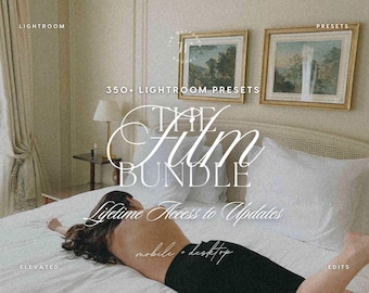 May include: A digital product bundle featuring 350+ Lightroom presets titled The Film Bundle with lifetime access to updates for mobile and desktop. The text is overlaid on a bedroom scene with a person lying on a white bed near framed art.