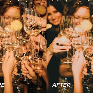 May include: Image shows a group of people toasting with wine glasses filled with a light-colored liquid. The glasses are raised in a celebratory gesture, with blurred lights in the background. The image has the text "BEFORE" and "AFTER" at the bottom.