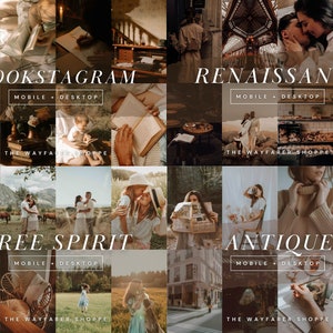 May include: A collage of lifestyle images with a warm, vintage aesthetic. The images are grouped into four themes: Bookstagram, Renaissance, Free Spirit, and Antique. Each theme includes the text "MOBILE + DESKTOP" and "THE WAYFARER SHOPPE".