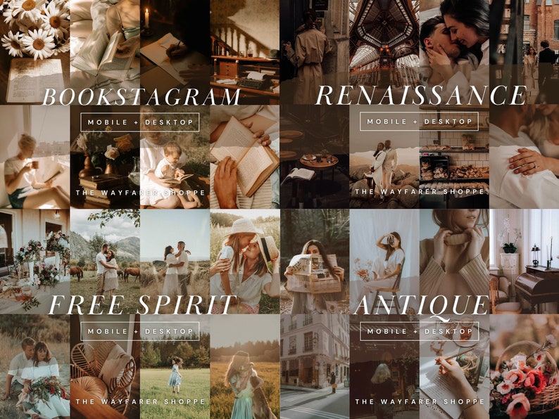 May include: A collage of lifestyle images with a warm, vintage aesthetic. The images are grouped into four themes: Bookstagram, Renaissance, Free Spirit, and Antique. Each theme includes the text "MOBILE + DESKTOP" and "THE WAYFARER SHOPPE".