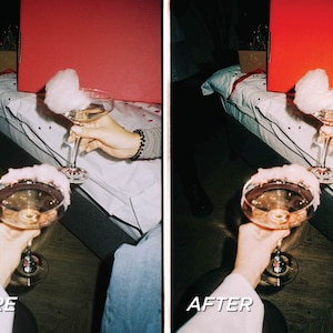 May include: Two champagne glasses, one in the foreground and one held by a person, are filled with a light-colored liquid and topped with cotton candy. The rim of the foreground glass is coated with a white substance. The image has the text "BEFORE" and "AFTER".