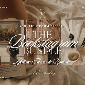 May include: A digital product bundle featuring 250+ Lightroom presets titled The Bookstagram Bundle. The graphic includes three rectangular photo panels showing a museum interior, a library, and a person holding a book and coffee cup.