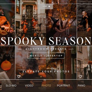 Op de afbeelding: Een digitale collage van Halloween-fotografie met pompoenen, skeletten en mensen in kostuums. De tekst luidt SPOOKY SEASON, LIGHTROOM PRESETS, MOBILE + DESKTOP en ELEVATE YOUR PHOTOS, gepresenteerd binnen een camera-interface overlay.