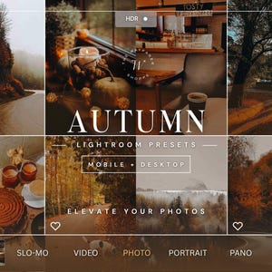 May include: A digital collage of autumn-themed photography featuring warm-toned landscapes, a pumpkin, a coffee cup, and a cake, overlaid with the text AUTUMN LIGHTROOM PRESETS MOBILE + DESKTOP ELEVATE YOUR PHOTOS within a camera interface frame.