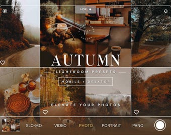 May include: A digital collage of autumn-themed photography featuring warm-toned landscapes, a pumpkin, a coffee cup, and a cake, overlaid with the text AUTUMN LIGHTROOM PRESETS MOBILE + DESKTOP ELEVATE YOUR PHOTOS within a camera interface frame.