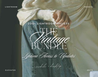 May include: A digital product advertisement featuring the text 200+ LIGHTROOM PRESETS THE VINTAGE BUNDLE Lifetime Access to Updates mobile + desktop. The background shows a cream-colored long-sleeved top and blue denim jeans in a soft focus.