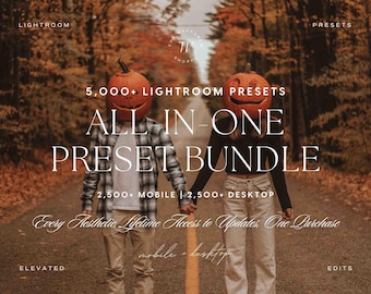 Puede incluir: Un anuncio de producto digital para 5,000+ ajustes preestablecidos de Lightroom, All-In-One Preset Bundle, 2,500+ móvil y 2,500+ escritorio. El texto incluye Every Aesthetic, Lifetime Access to Updates, One Purchase, Elevated y Edits.
