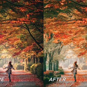May include: A split-screen comparison showing a path lined with autumn trees featuring vibrant red and orange foliage. On the left, the scene is darker with deep tones. On the right, the scene is brighter with a soft, hazy light effect applied.