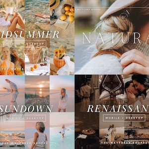 Puede incluir: Un collage de im&aacute;genes de estilo de vida con una paleta de colores c&aacute;lidos y dorados. Las im&aacute;genes incluyen escenas de picnics, puestas de sol en la playa e interiores arquitect&oacute;nicos. Las superposiciones de texto dicen "MIDSUMMER", "SUNDOWN", "NATURAL" y "RENAISSANCE".