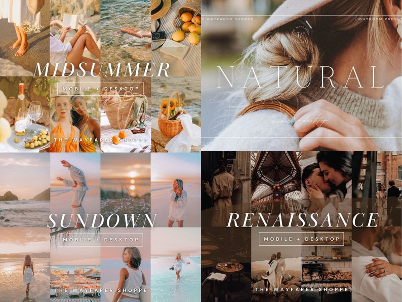 Puede incluir: Un collage de im&aacute;genes de estilo de vida con una paleta de colores c&aacute;lidos y dorados. Las im&aacute;genes incluyen escenas de picnics, puestas de sol en la playa e interiores arquitect&oacute;nicos. Las superposiciones de texto dicen "MIDSUMMER", "SUNDOWN", "NATURAL" y "RENAISSANCE".