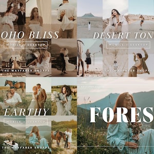 May include: A collection of images with the headings "BOHO BLISS", "DESERT TONES", "EARTHY", and "FOREST". The images include couples, landscapes, and the text "MOBILE + DESKTOP" and "THE WAYFARER SHOPPE".