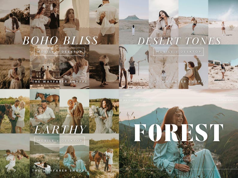 May include: A collection of images with the headings "BOHO BLISS", "DESERT TONES", "EARTHY", and "FOREST". The images include couples, landscapes, and the text "MOBILE + DESKTOP" and "THE WAYFARER SHOPPE".