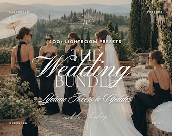 Puede incluir: Un anuncio de producto digital con un grupo de personas en vestidos de noche negros y una persona en vestido de novia blanco con velo. Los textos incluyen LIGHTROOM PRESETS, 400+ LIGHTROOM PRESETS, THE WEDDING BUNDLE, Lifetime Access to Updates y mobile + desktop.
