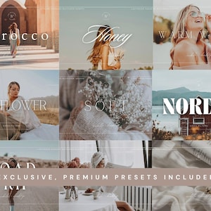 May include: A digital collage of nine photographic images featuring various lifestyle scenes, including people in outdoor settings, a cabin, and interior details, with text overlays such as Morocco, Honey, Warm Whites, Sunflower, Soft, Nordic, and Road Trip.