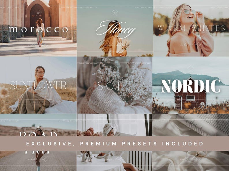 May include: A digital collage of nine photographic images featuring various lifestyle scenes, including people in outdoor settings, a cabin, and interior details, with text overlays such as Morocco, Honey, Warm Whites, Sunflower, Soft, Nordic, and Road Trip.