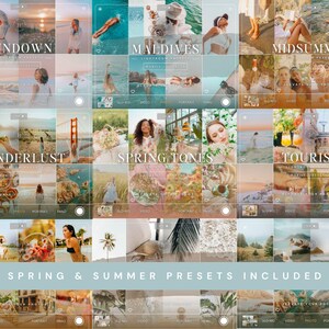 May include: A digital collection of photo editing presets featuring a grid of various travel and lifestyle images. The display includes text overlays such as SUNDOWN, MALDIVES, MIDSUMMER, WANDERLUST, SPRING TONES, TOURIST, and SPRING & SUMMER PRESETS INCLUDED.