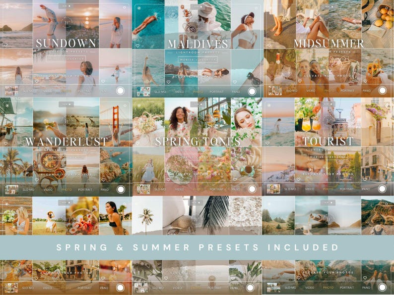 May include: A digital collection of photo editing presets featuring a grid of various travel and lifestyle images. The display includes text overlays such as SUNDOWN, MALDIVES, MIDSUMMER, WANDERLUST, SPRING TONES, TOURIST, and SPRING & SUMMER PRESETS INCLUDED.