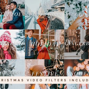 May include: A collage of nine images featuring various winter and holiday themes. The images include a couple under mistletoe, a snowy scene, a candy cane, a woman in a winter wonderland, a group of friends celebrating, a gingerbread house, a woman holding a marshmallow, a festive star, and a snowflake.