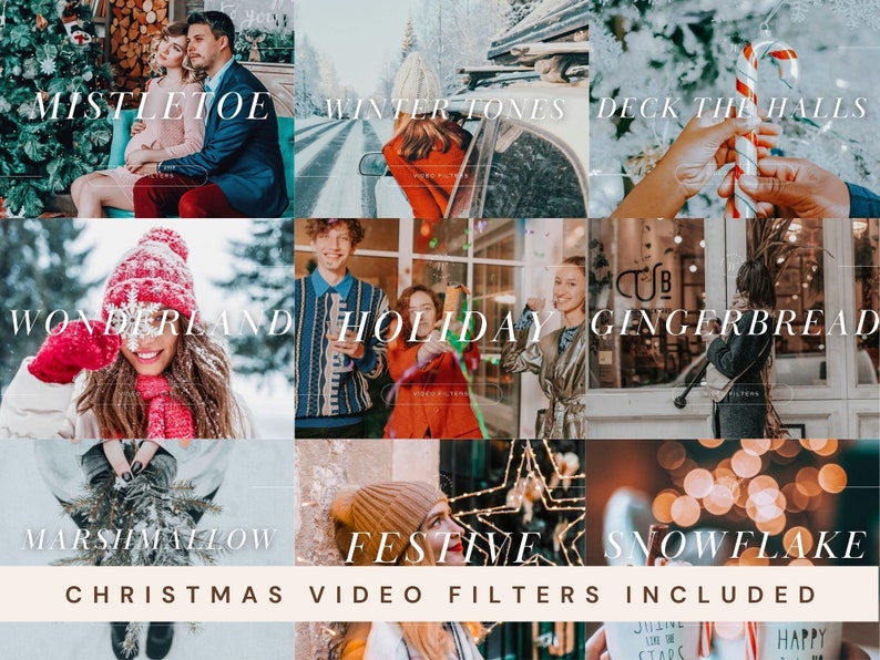 May include: A collage of nine images featuring various winter and holiday themes. The images include a couple under mistletoe, a snowy scene, a candy cane, a woman in a winter wonderland, a group of friends celebrating, a gingerbread house, a woman holding a marshmallow, a festive star, and a snowflake.