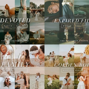 Może przedstawiać: Kolaż zdjęć lifestyle'owych z napisami "DEVOTED", "EXPIRED FILM", "FAMILY" i "GOLDEN BOHO". Zdjęcia przedstawiają pary, rodziny i krajobrazy. Wyświetlany jest r&oacute;wnież The Wayfarer Shoppe.