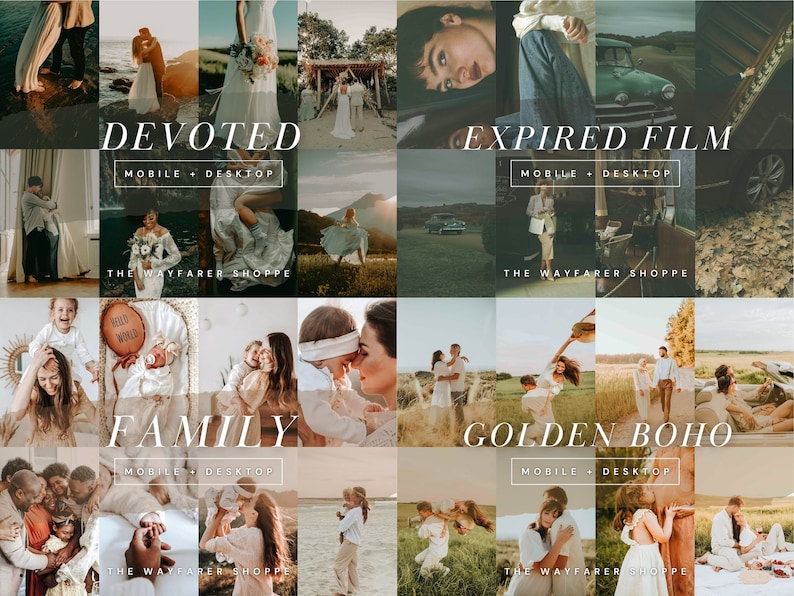 Może przedstawiać: Kolaż zdjęć lifestyle'owych z napisami "DEVOTED", "EXPIRED FILM", "FAMILY" i "GOLDEN BOHO". Zdjęcia przedstawiają pary, rodziny i krajobrazy. Wyświetlany jest r&oacute;wnież The Wayfarer Shoppe.
