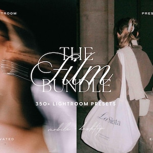 Op de afbeelding: Een digitale productvermelding voor 350+ Lightroom-presets, met een vrouw die een bruin jack en een witte tote bag draagt met de tekst "La Siesta" erop. De tekst "The Film Bundle" staat in een decoratief lettertype.
