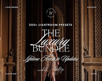 May include: A digital product advertisement for 300+ Lightroom Presets titled The Luxury Bundle with Lifetime Access to Updates. The text is overlaid on a dark, ornate architectural background featuring a person in a metallic textured garment.