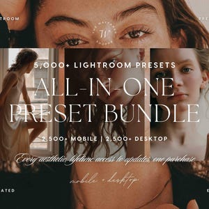 May include: A digital product advertisement for a Lightroom preset bundle featuring the text 5,000+ LIGHTROOM PRESETS, ALL-IN-ONE PRESET BUNDLE, 2,500+ MOBILE | 2,500+ DESKTOP, and Every aesthetic, lifetime access to updates, one purchase, mobile + desktop.