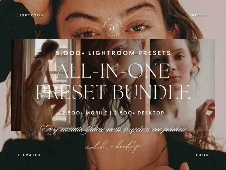 May include: A digital product advertisement for a Lightroom preset bundle featuring the text 5,000+ LIGHTROOM PRESETS, ALL-IN-ONE PRESET BUNDLE, 2,500+ MOBILE | 2,500+ DESKTOP, and Every aesthetic, lifetime access to updates, one purchase, mobile + desktop.