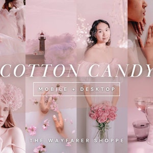 Könnte beinhalten: Eine Collage von Bildern in Rosatönen, mit einem Leuchtturm, Blumen und Menschen. Der Text lautet "COTTON CANDY" und "MOBILE + DESKTOP". The Wayfarer Shoppe wird ebenfalls angezeigt.
