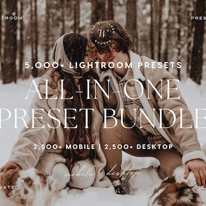 May include: A couple in winter clothing with a dog, surrounded by snow. The text reads "5,000+ Lightroom Presets All-In-One Preset Bundle 2,500+ Mobile | 2,500+ Desktop".
