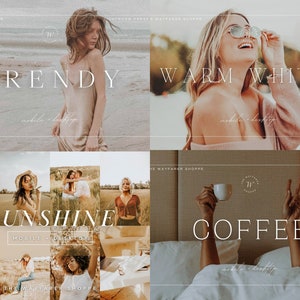Puede incluir: Un collage de cuatro partes con las palabras "TRENDY", "WARM WHITES", "SUNSHINE" y "COFFEE". Las im&aacute;genes tienen una est&eacute;tica c&aacute;lida y natural. Se incluye el texto "mobile + desktop".
