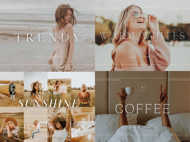 Puede incluir: Un collage de cuatro partes con las palabras "TRENDY", "WARM WHITES", "SUNSHINE" y "COFFEE". Las im&aacute;genes tienen una est&eacute;tica c&aacute;lida y natural. Se incluye el texto "mobile + desktop".