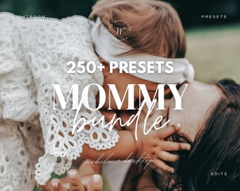 May include: A soft-focus image featuring a mother and child. The text overlay reads "250+ Presets MOMMY bundle mobile + desktop." The image has a warm, natural color palette, with the words "LIGHTROOM," "PRESETS," "ELEVATED," and "EDITS" in the corners.