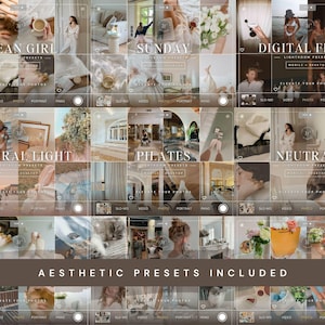 May include: A digital collection of Lightroom presets displayed in a grid format, featuring various lifestyle photography themes labeled as Clean Girl, Sunday, Digital Flash, Natural Light, Pilates, and Neutral, with the text Aesthetic Presets Included.