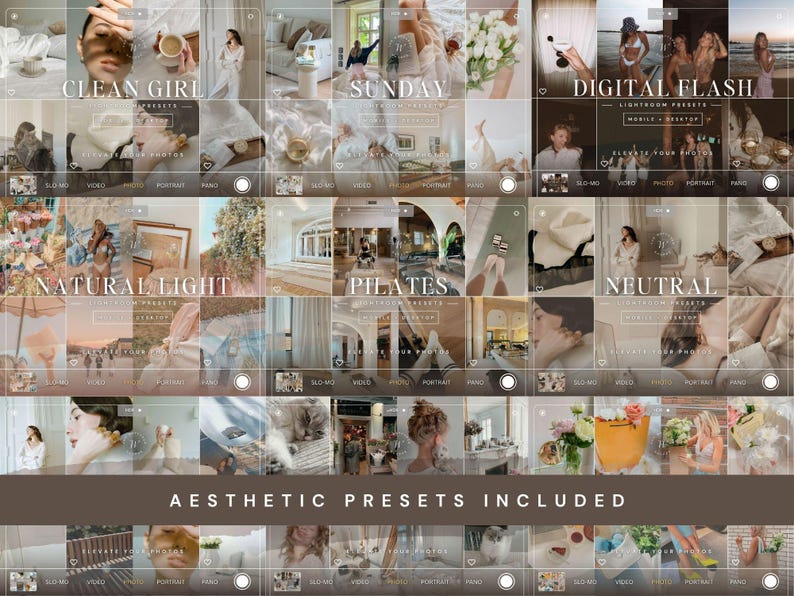 May include: A digital collection of Lightroom presets displayed in a grid format, featuring various lifestyle photography themes labeled as Clean Girl, Sunday, Digital Flash, Natural Light, Pilates, and Neutral, with the text Aesthetic Presets Included.
