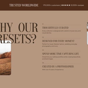 May include: A beige informational graphic with dark brown text titled WHY OUR PRESETS? featuring four numbered points: THOUGHTFULLY CURATED, DESIGNED FOR EVERY MOMENT, SPEND MORE TIME CAPTURING LIFE, and CREATED BY A PHOTOGRAPHER, alongside two small landscape photos.