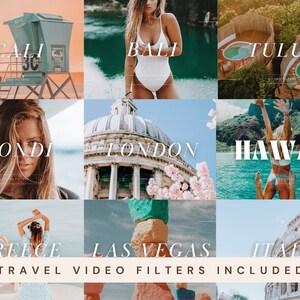 May include: A collage of nine images showcasing different travel destinations, each with a text overlay of the location name. The destinations include: Cali, Bali, Tulum, Bondi, London, Hawaii, Greece, Las Vegas, and Italy. The text "TRAVEL VIDEO FILTERS INCLUDED" is displayed at the bottom of the collage.
