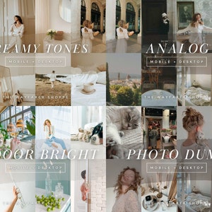 May include: A collage of lifestyle images with a soft, neutral color palette. The images include scenes of indoor and outdoor settings, featuring text overlays such as "CREAMY TONES", "ANALOG", "INDOOR BRIGHT", and "PHOTO DUMP". The Wayfarer Shoppe is also mentioned.
