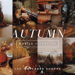 Peut inclure: Un collage d'images sur le thème de l'automne. Comprend une route sinueuse à travers les arbres, une citrouille, des bougies, un café et un gâteau. Le texte indique "AUTUMN" et "MOBILE + DESKTOP". The Wayfarer Shoppe.