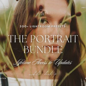 Puede incluir: Un paquete de productos digitales con más de 200 ajustes preestablecidos de Lightroom para móvil y escritorio. El texto dice: Lightroom Presets, 200+ Lightroom Presets, The Portrait Bundle, Lifetime Access to Updates, mobile + desktop, Elevated Edits.