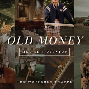May include: A collage of images with a vintage aesthetic, featuring scenes of leisure and luxury. Includes a tennis court, classic car, and interior shots. The text "OLD MONEY" and "MOBILE + DESKTOP" are displayed. The Wayfarer Shoppe is also mentioned.